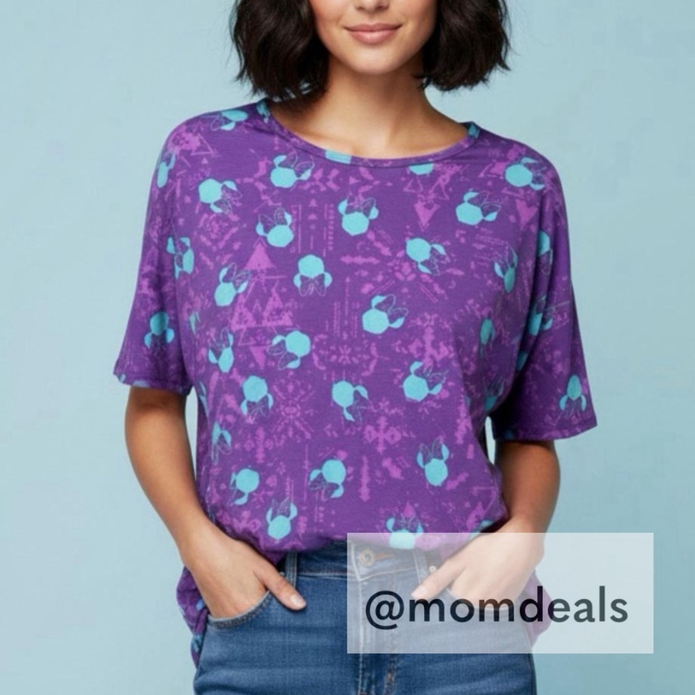 NEW LulaRoe Irma Mid-Sleeve Stretchy High-Low Tunic Top Loose Minnie Disney Teal